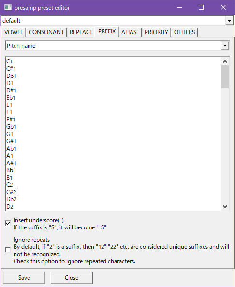 Screenshot of plugin, prefix tab