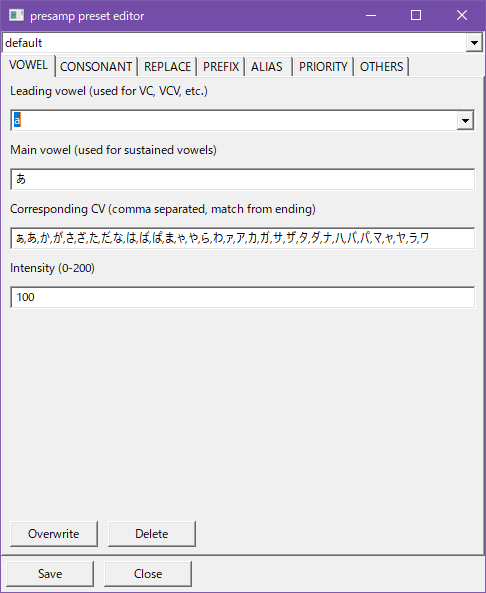Screenshot of plugin, vowel tab